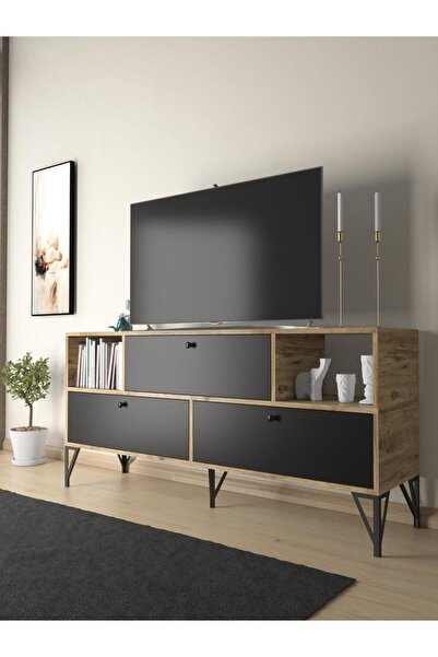 Wood'n Love Mia 160 Cm Metal Ayaklı Tv Ünitesi - Konsol - Atlantik Çam - Siya...