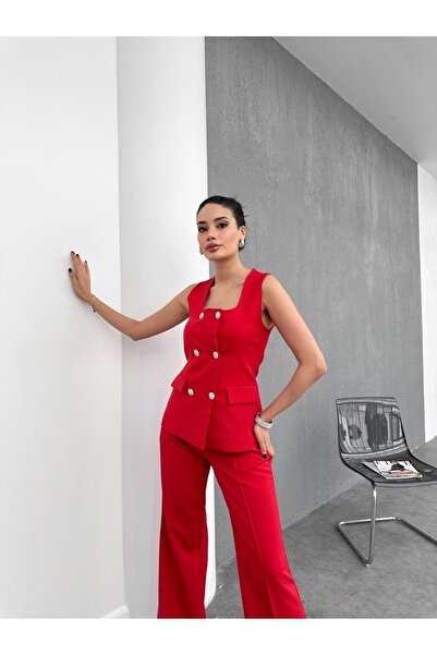 buqre's moda طقم بنطال ذو ياقة مربعة وأزرار مرصعة بالأحجار ومزدوج الصدر