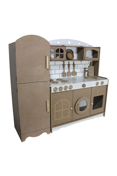 Hedef Raw Wooden Toy with White Countertop and Refrigerator - Kitchen (Led)