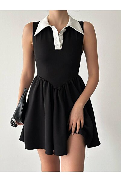 buqre's moda فستان أسود قصير بياقة بيضاء وأزرار