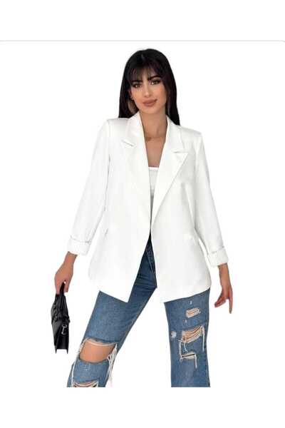 NILOO Women's Blazer Buttonless Pocketed Striped Lined Foldable Sleeve Blazer Jacket