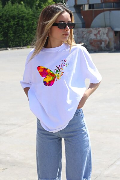 Frisson FRİSSON Λευκό Oversize Βαμβακερό T-shirt - Λαιμόκοψη Crew