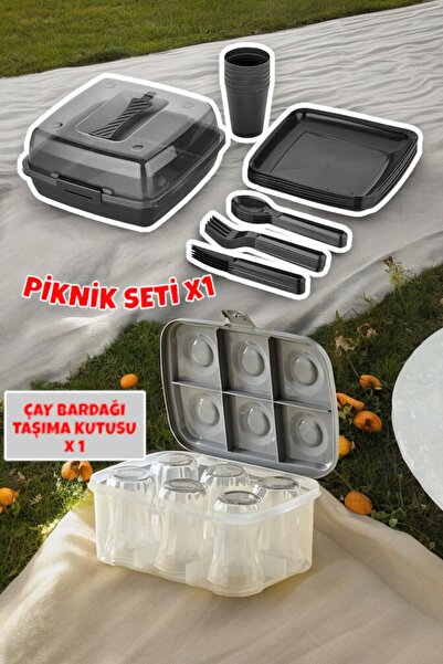 biedda 2 Lİ SET 32 Parça 6 Kişilik Bardak Çatal Kaşık Tabak ve Piknik Seti +6 lı Çay Bardağı Kutusu