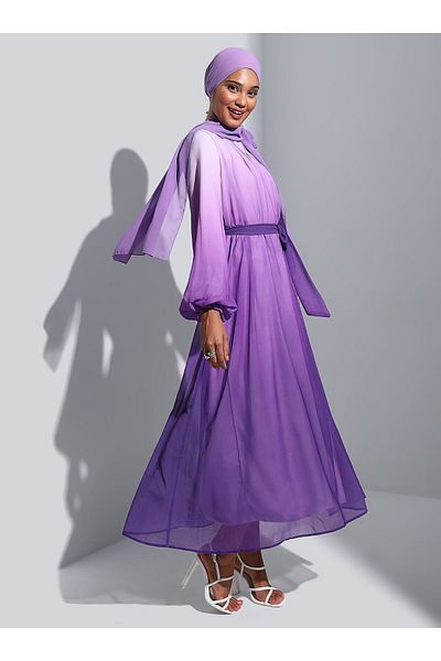 Refka Belted Gradient Patterned Chiffon Hijab Evening Dress - Lilac- Refka