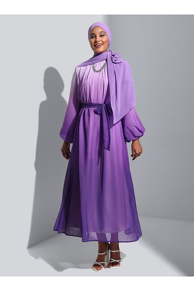 Refka Belted Gradient Patterned Chiffon Hijab Evening Dress - Lilac- Refka