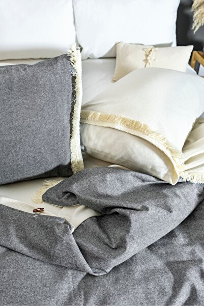 NDC HOME Double Color Tasseled (Anthracite - Cream) Linen Double Duvet Cover Set