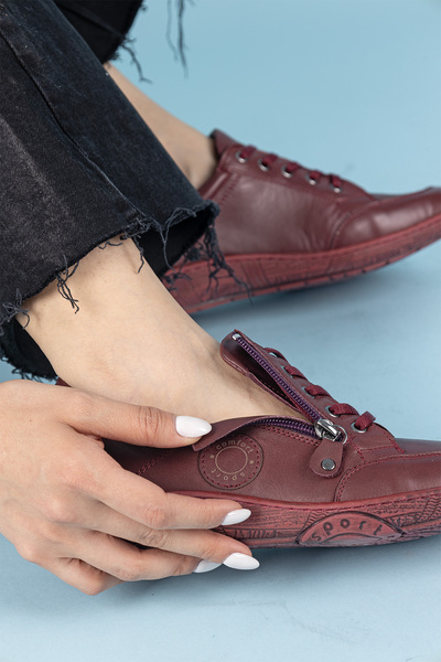 Getcho Cosmina Women's Burgundy Genuine Leather Casual Shoes – Comfortable Walking, Non-Slip Sole, Stylish and Comfortable