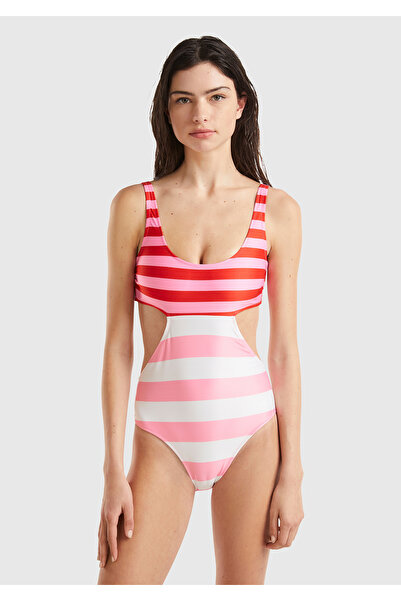United Colors of Benetton Kadın Pembe Mix Bel ve Sırt Detaylı İki Renkli Çizgili Mayo