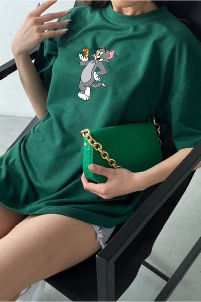 oneagılyazı Unisex Tom ve Jerry Baskılı Oversize Beyaz T-shirt