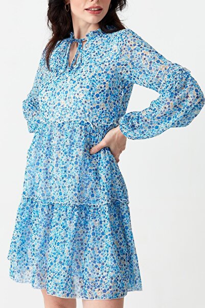 Select Moda Жіноче синє шифонове плаття з оборками з візерунком