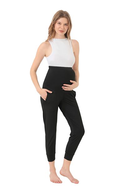 Cottonhill Black Stretchy High Waist Double Pocket Maternity Jogger Sweatpants