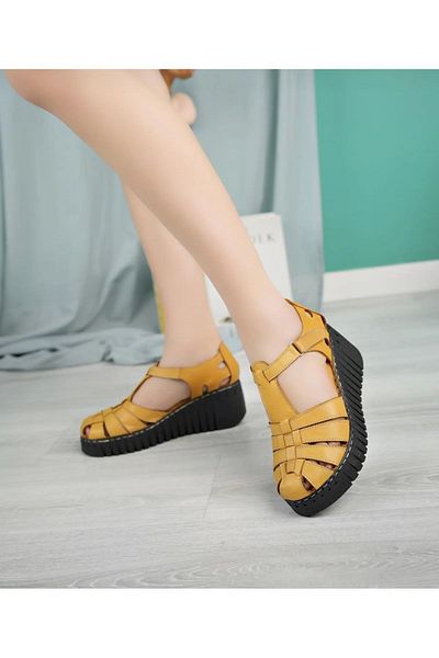 ELF GENUINE Leather Wedge Heeled Women's Daily Sandals