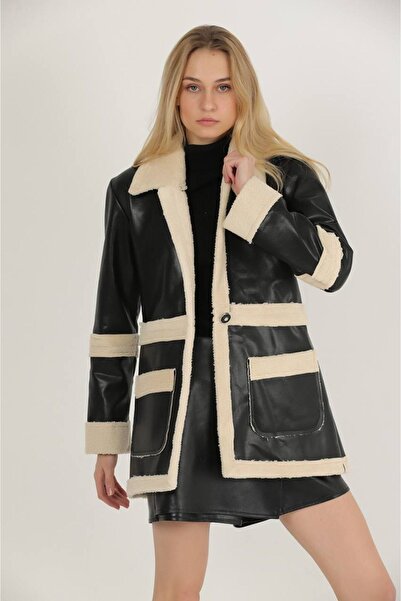 buqre's moda Palton de damă din piele cu detaliu de buzunar și blană albă în ...