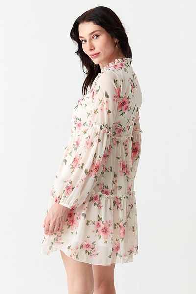 Select Moda Women's White Ruffled Floral Print Chiffon Dress