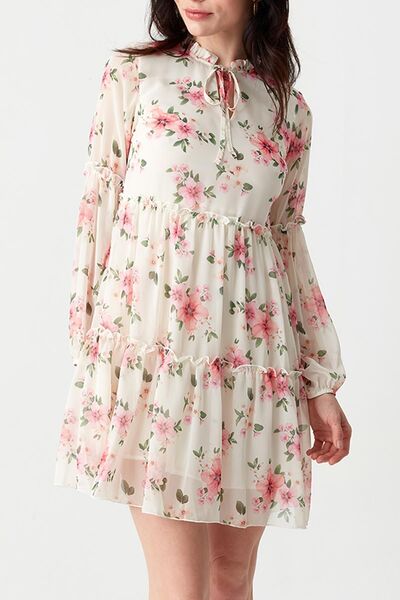 Select Moda Γυναικείο φόρεμα σιφόν με λευκό βολάν με λουλούδια