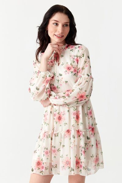 Select Moda Γυναικείο φόρεμα σιφόν με λευκό βολάν με λουλούδια