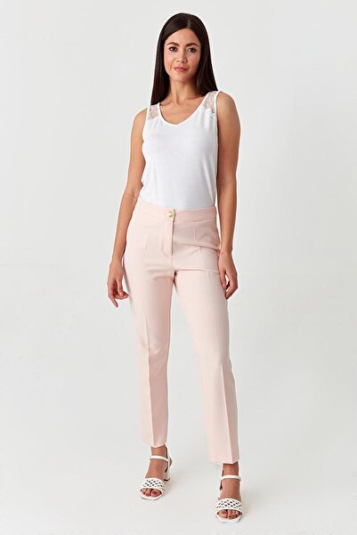 Select Moda Γυναικείο ροζ ψηλόμεσο παντελόνι με χρυσά κουμπιά