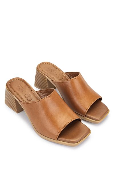 Tamer Tanca Genuine Leather Women's Heeled Slippers - Tan