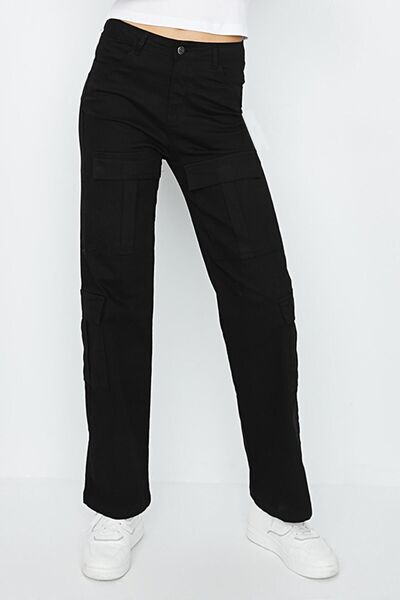 Select Moda Γυναικείο μαύρο παντελόνι Cargo με φαρδύ πόδι