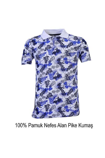 Exve Exclusive Tricou cu mânecă scurtă cu guler polo, albastru bleumarin cu frunze hawaiene - bumbac respirabil