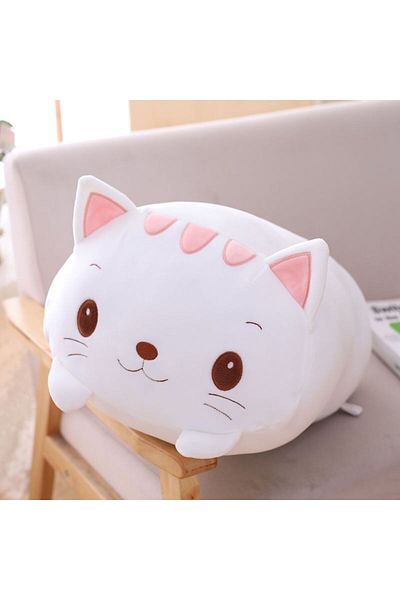 NB market 25cm Plush Pillow - White Smiling Cat Model Toy, Sleeping Companion