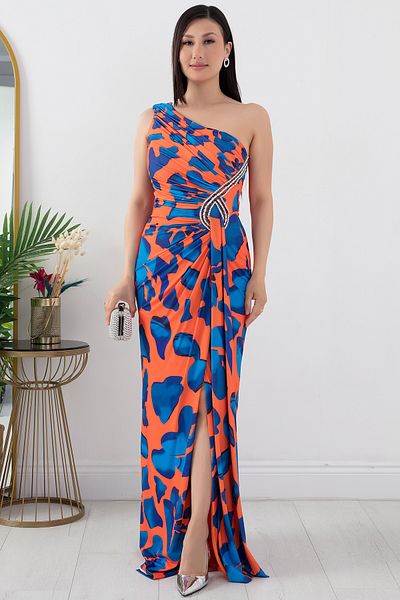 PULLIMM Rochie de seară din satin cu un singur umăr - Detaliu cu pietre prețioase, DNS1617