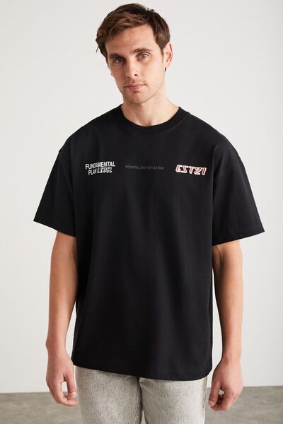 GRIMELANGE Ανδρικό Apolo - Πίσω εμπριμέ, 100% οργανικό βαμβάκι Oversize μαύρο μπλουζάκι