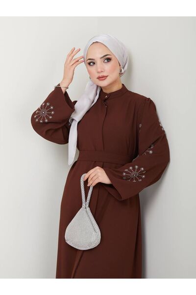 MODAMERSİ Brown Stoned Women's Ferace - Abaya