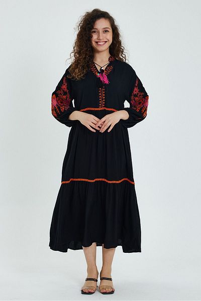 AYASOFYA OTANTIK Rochie lungă de damă, neagră, cu mâneci brodate, cu guler cu plăcuțe