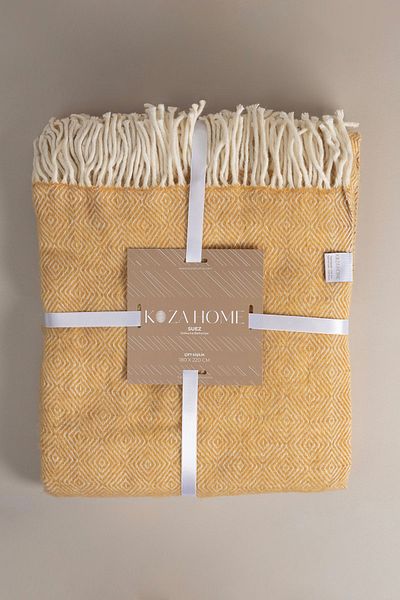 Koza Home Suez Mustard White Colored Wool Double Blanket 91252