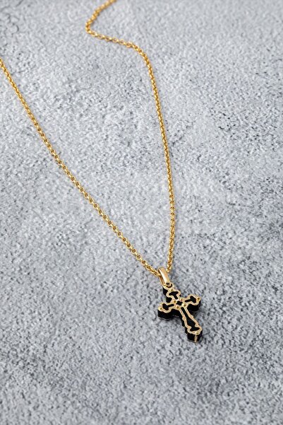 Cenova Jewelry 14 Ayar Altın İki Renkli Haç Kolye