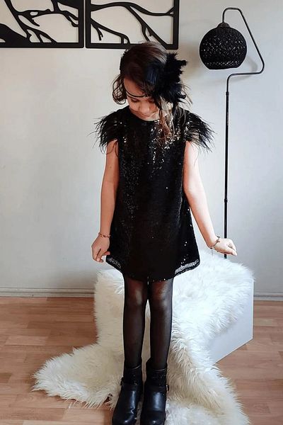 miço kids Μαύρο βραδινό φόρεμα για κορίτσια - Φόρεμα αποφοίτησης με παγιέτες και φτερά στους ώμους
