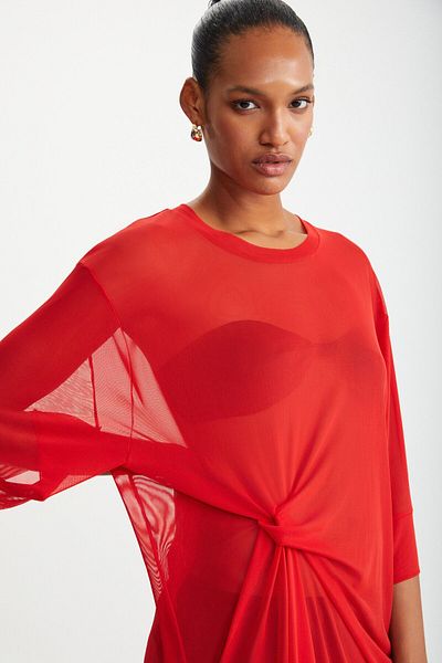 GRIMELANGE Florızel Women's - 100% Polyester, Short Sleeve, Front Knot Detail, Long Red Blouse
