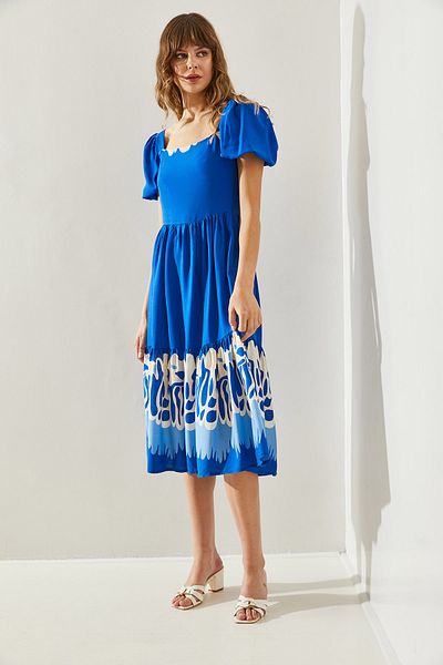 Bianco Lucci Square Collar and Watermelon Sleeve Detailed Terikoton Women's Dress