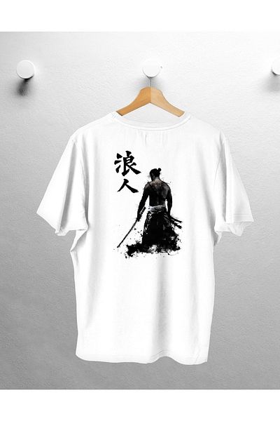 CANDEL White Oversize Unisex Samurai Patterned T-Shirt