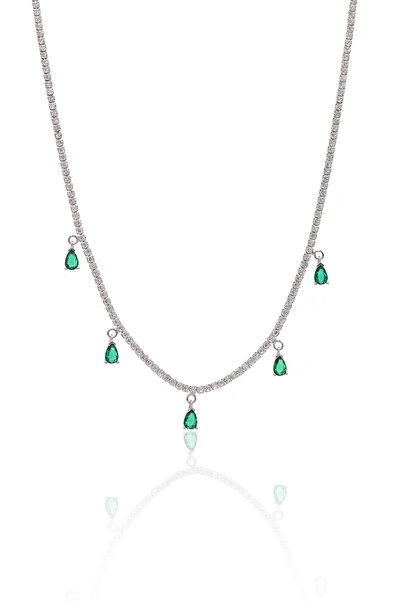 Midyat Nurtaş Gümüş Zümrüt Taşlı Damla Model 925 Ayar Gümüş Su Yolu Gerdanlık...