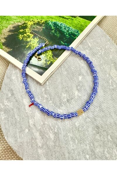 Atelier Çağla Glass Blue Striped Necklace - Elephant Detailed