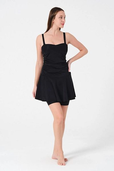 İYİBU 2-Piece Stretchy and Quick Black Suspender Leggings Dress Swimsuit - Belly Hiding Drying Fabric