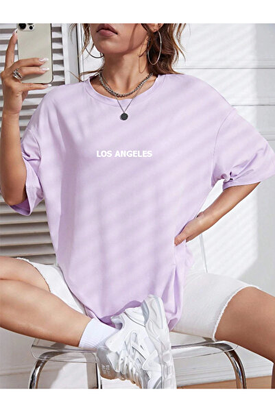 Revasser Unisex Kadın/Erkek LOS ANGELES Renkli Özel Baskılı Oversize Pamuk Pe...