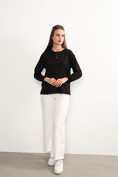 ziend fashion Four Seasons for Middle Age and Above - Black Mother Combed Cotton Blouse, Buttoned Pattern and Elastic Sleeve