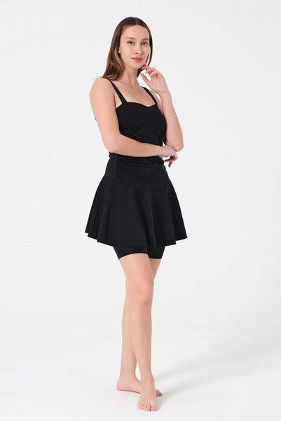 İYİBU 2-Piece Stretchy and Quick Black Suspender Leggings Dress Swimsuit - Belly Hiding Drying Fabric
