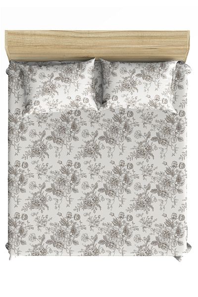 Maki Home Gray Floral Patterned 100% Cotton Double Solo - 160x200 + 2*(50x70) Elastic Sheet Set