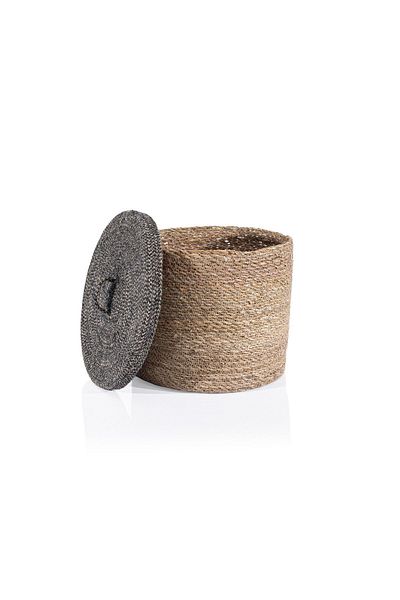Koza Home Meander Patterned Water Hyacinth Black Basket with Lid - 32X27 5057