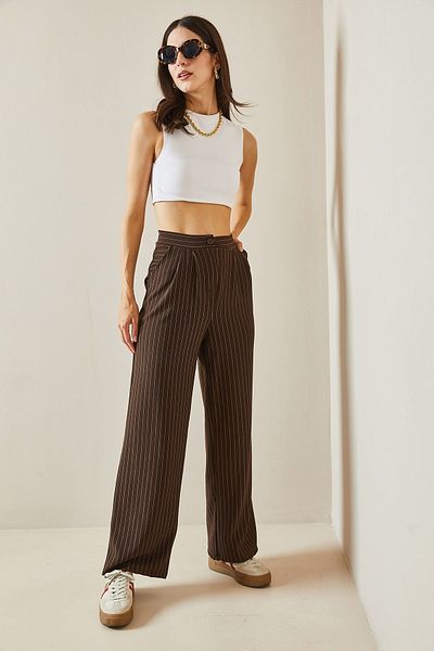 XHAN Wide Leg Brown Striped Trousers - 5YXK5-48661-18
