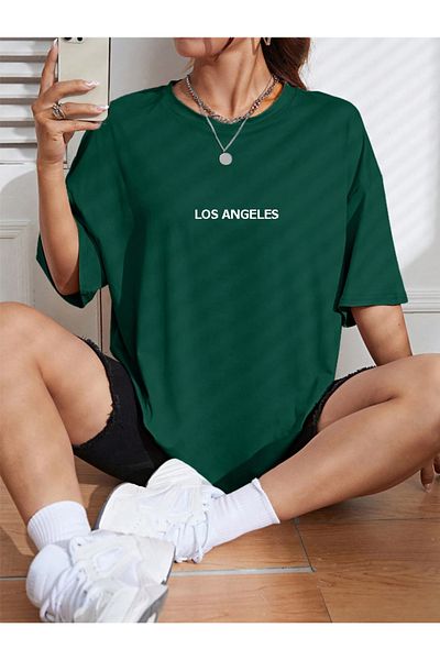 Revasser Tricou cu imprimeu LOS ANGELES - colorat, oversize, din bumbac, cu decolteu, unisex