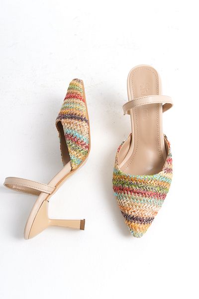 Shoesers Pantofi de zi cu toc pentru femei, colorați, cu vârf ascuțit, acoperiți cu paie - Design special