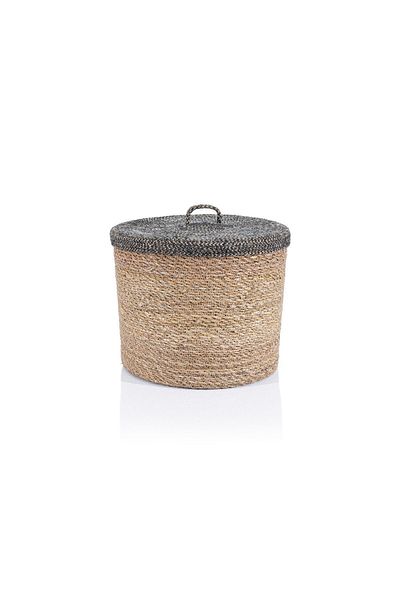 Koza Home Meander Patterned Water Hyacinth Black Basket with Lid - 32X27 5057