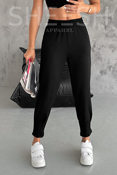 SHEESH APPAREL High Waist Soft Textured Black Leg Sweatpants