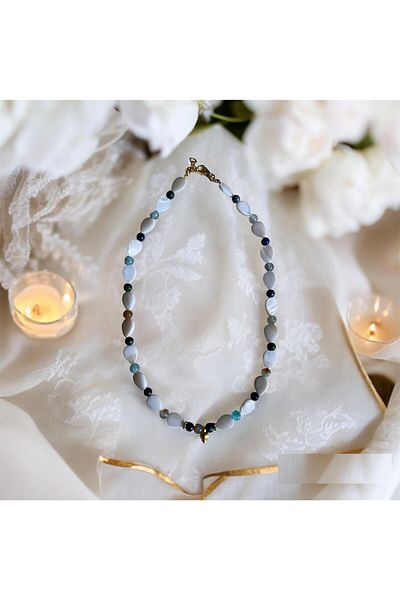 MSTR Art Azurite Drop Mother of Pearl and Agate Necklace - TEARDROP MOTHER-OF-PEARL, AGATE and AZURITE Neckles