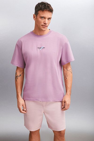 GRIMELANGE JAKE Men's Oversize Fit 100% Cotton Thick Textured Printed Plum T-Shirt